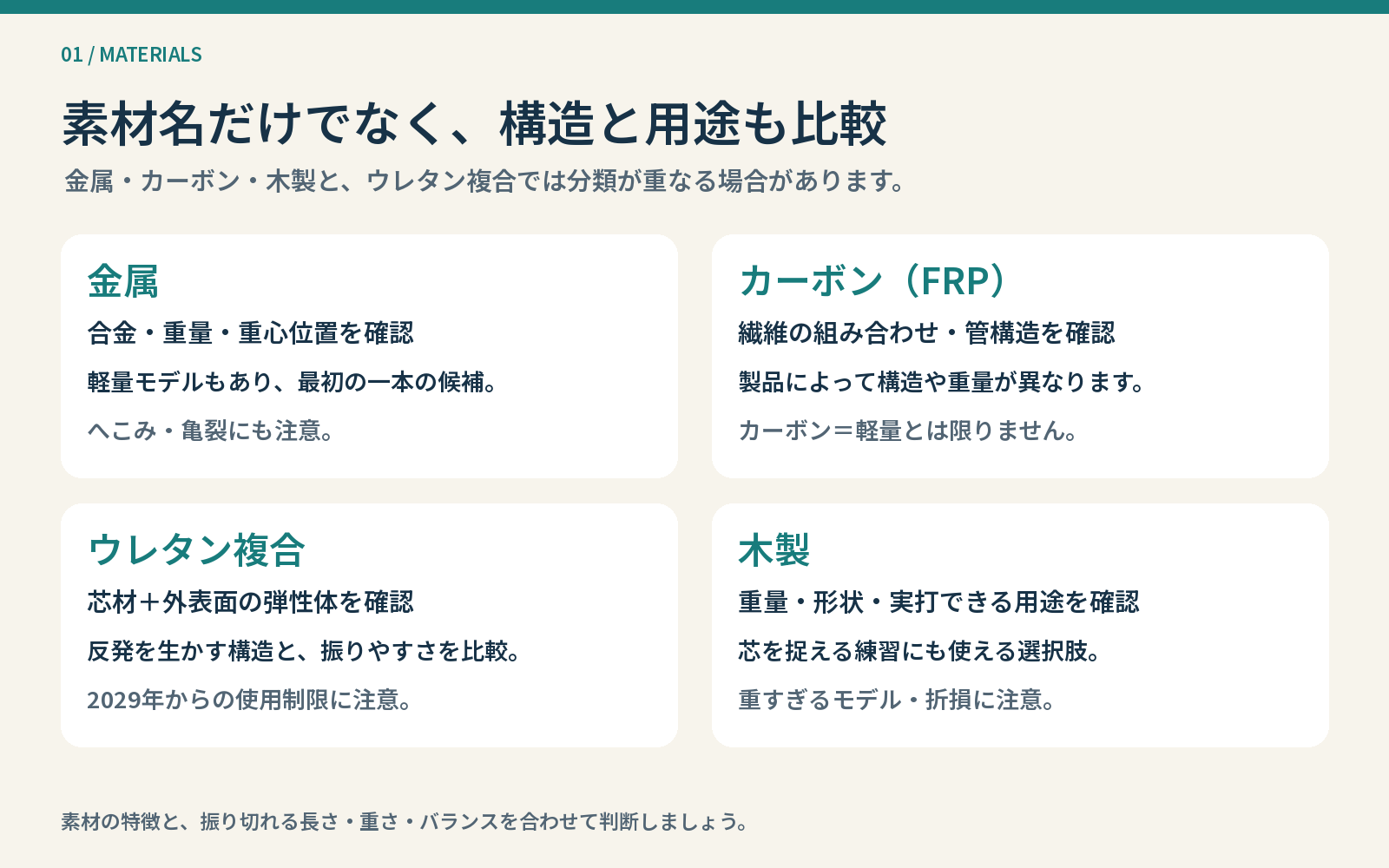 素材だけでなく、構造と用途も比較